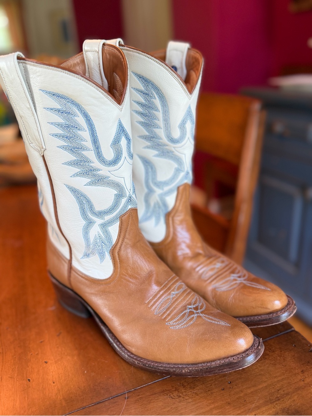 Miron Crosby Samantha Leather Cowboy Boots in Light Blue, cream, and Tan - Picture 14 of 15